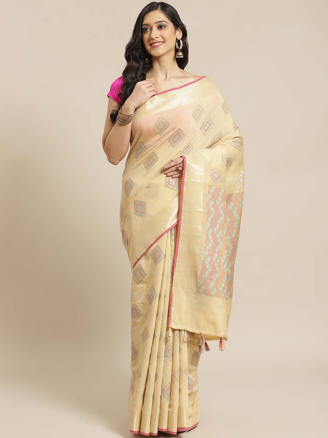 Indethnic Banarasi Beige Woven Design Work Wear Saree - View 1