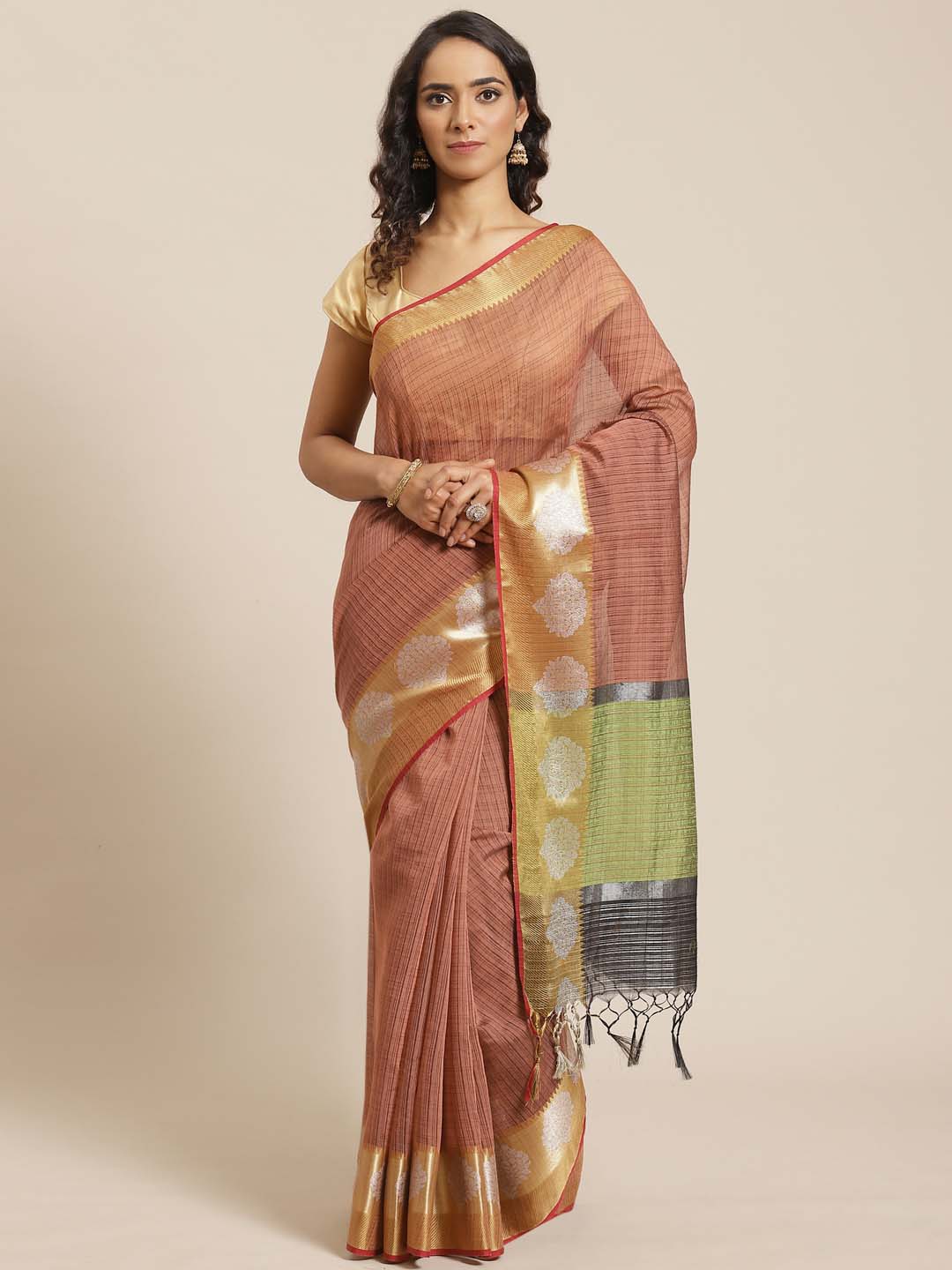 Indethnic Banarasi Brown Checked Work Wear Saree - View 1