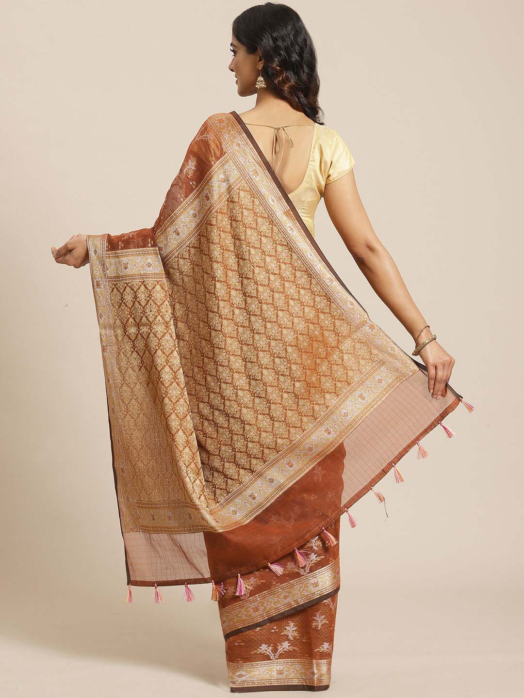 Indethnic Banarasi Brown Woven Design Traditional Wear Saree - View 3