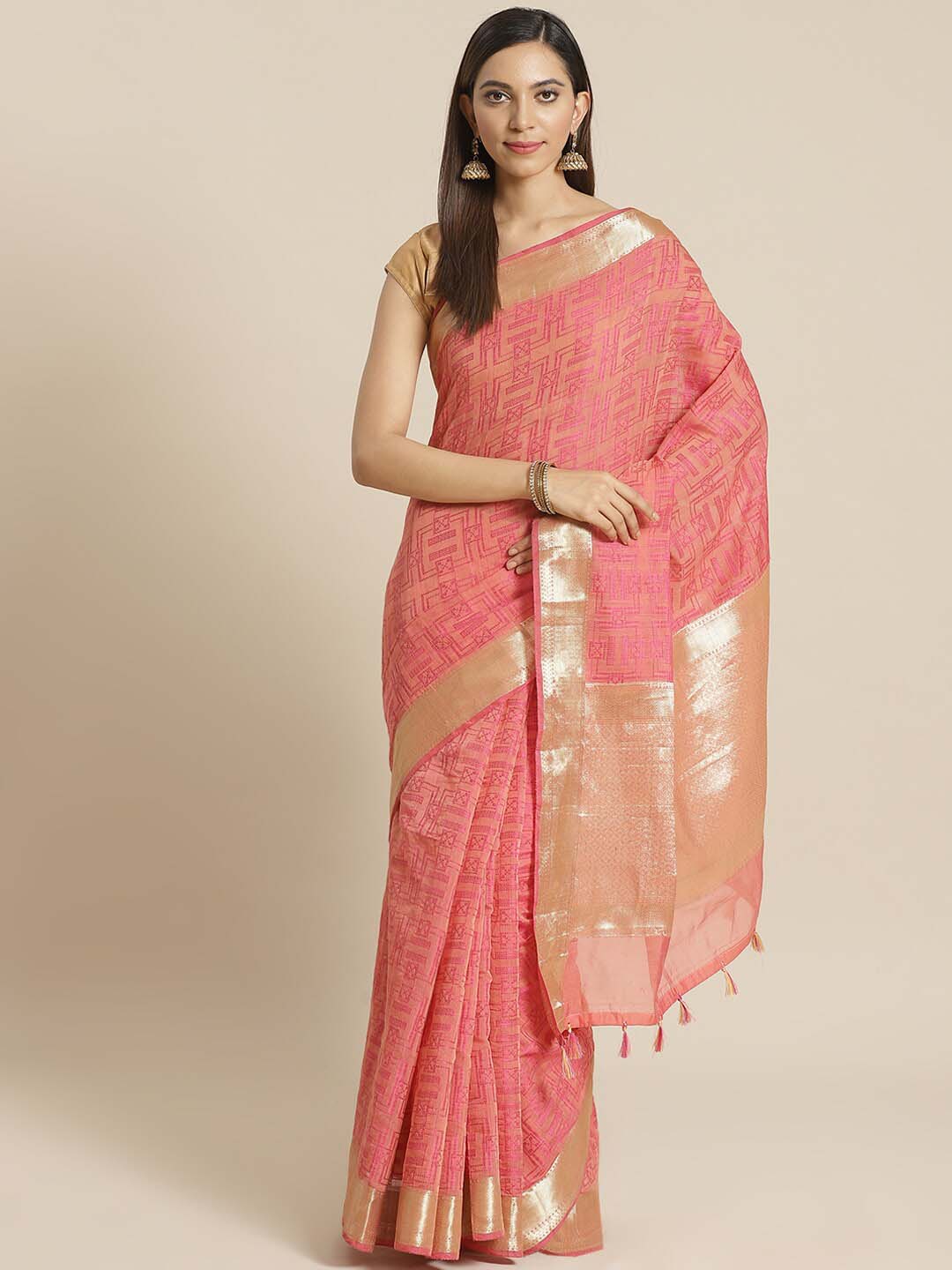 Indethnic Banarasi Coral Woven Design Festive Wear Saree - View 1