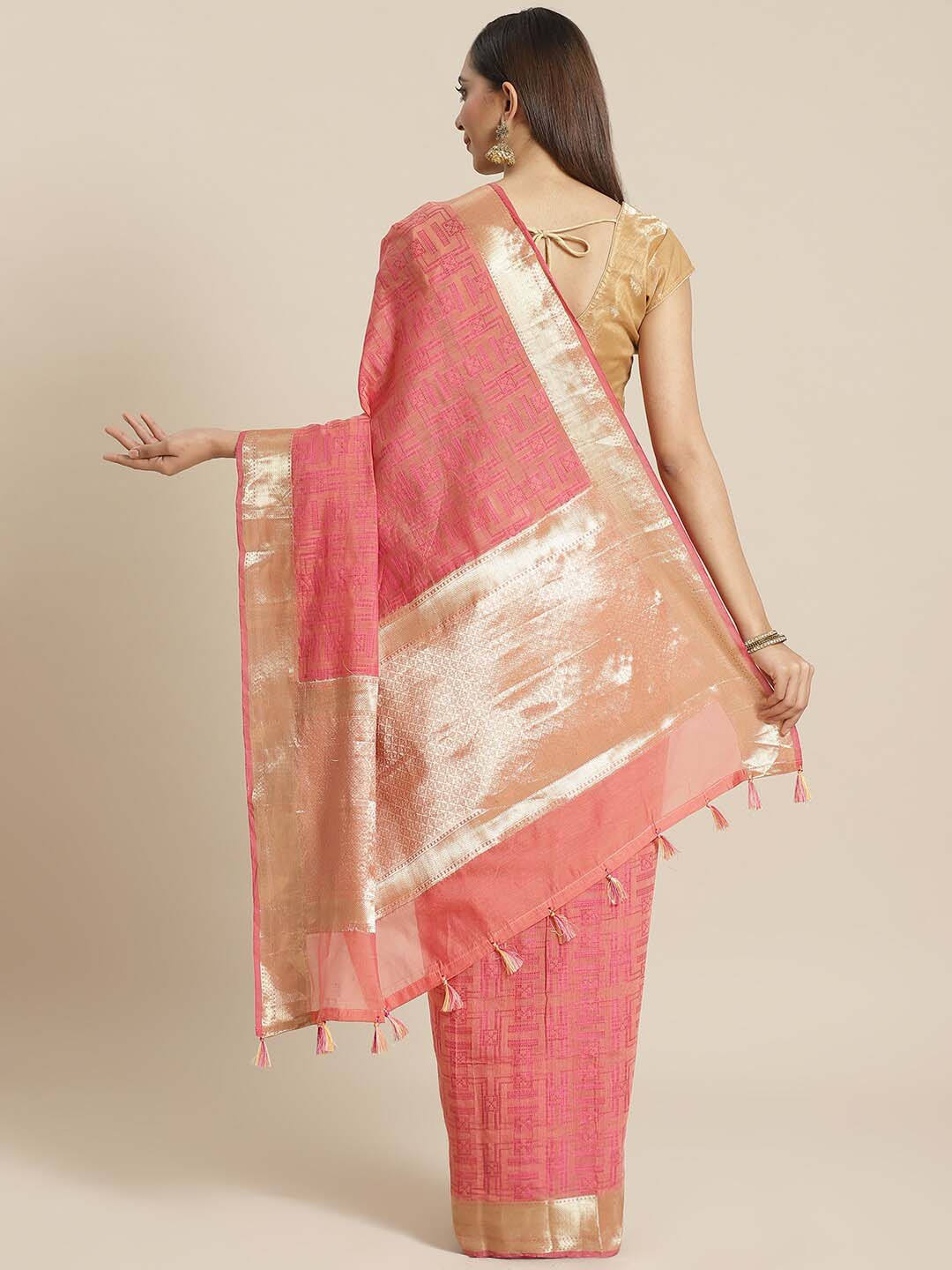 Indethnic Banarasi Coral Woven Design Festive Wear Saree - View 3