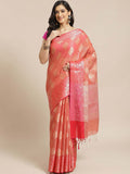Indethnic Banarasi Coral Woven Design Work Wear Saree - View 1