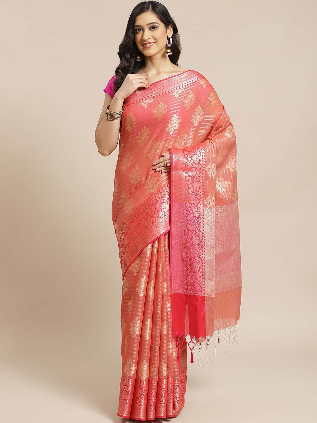 Indethnic Banarasi Coral Woven Design Work Wear Saree - View 1