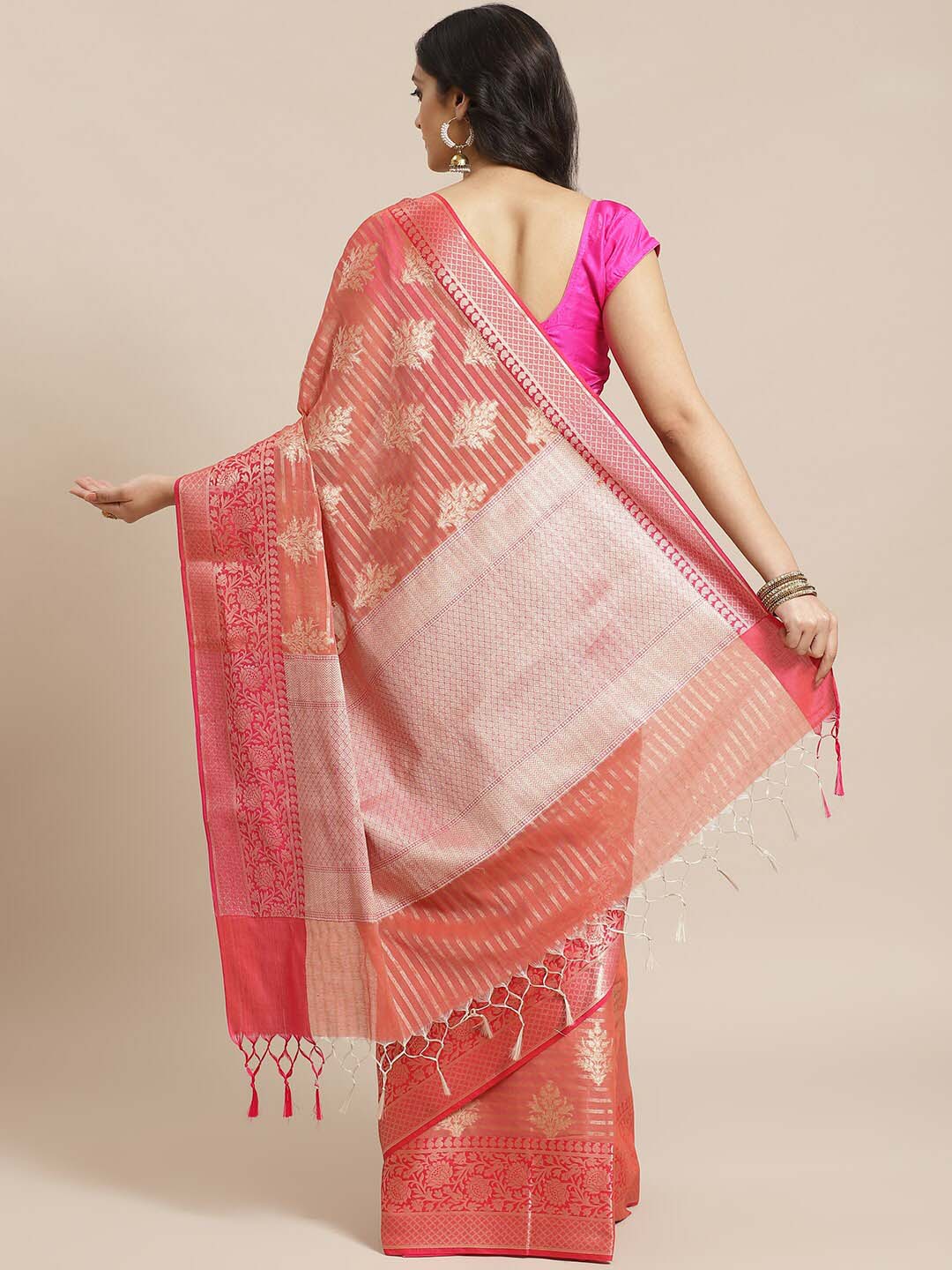 Indethnic Banarasi Coral Woven Design Work Wear Saree - View 3