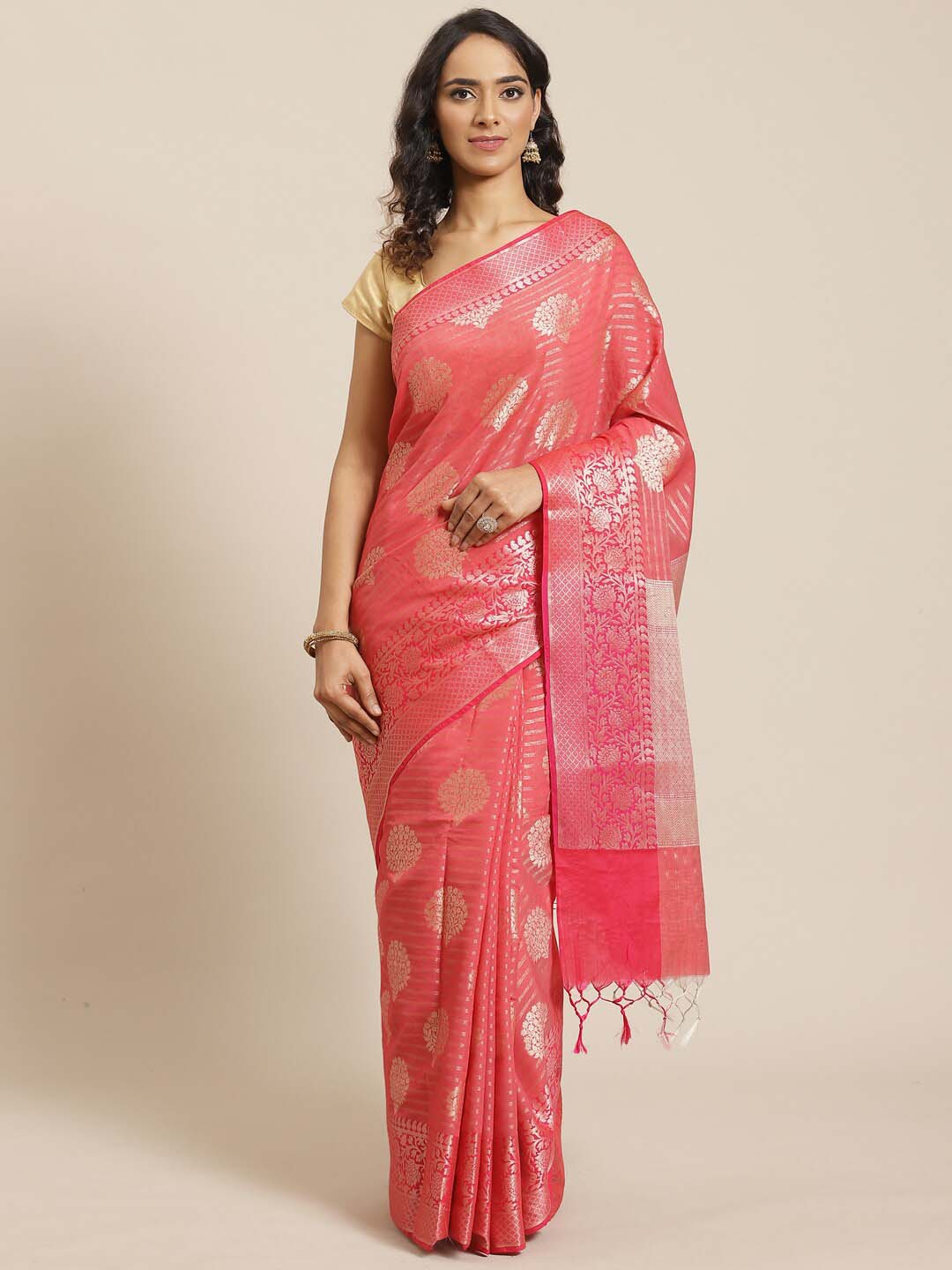 Indethnic Banarasi Coral Woven Design Work Wear Saree - View 1