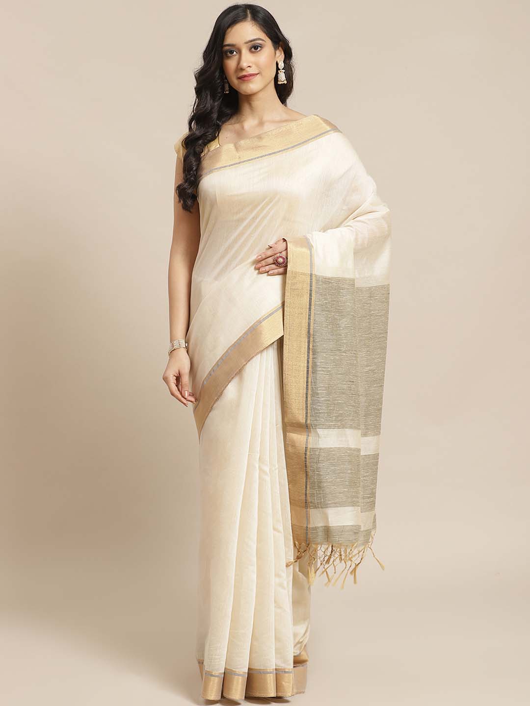 Indethnic Banarasi Cream Solid Work Wear Saree - View 1