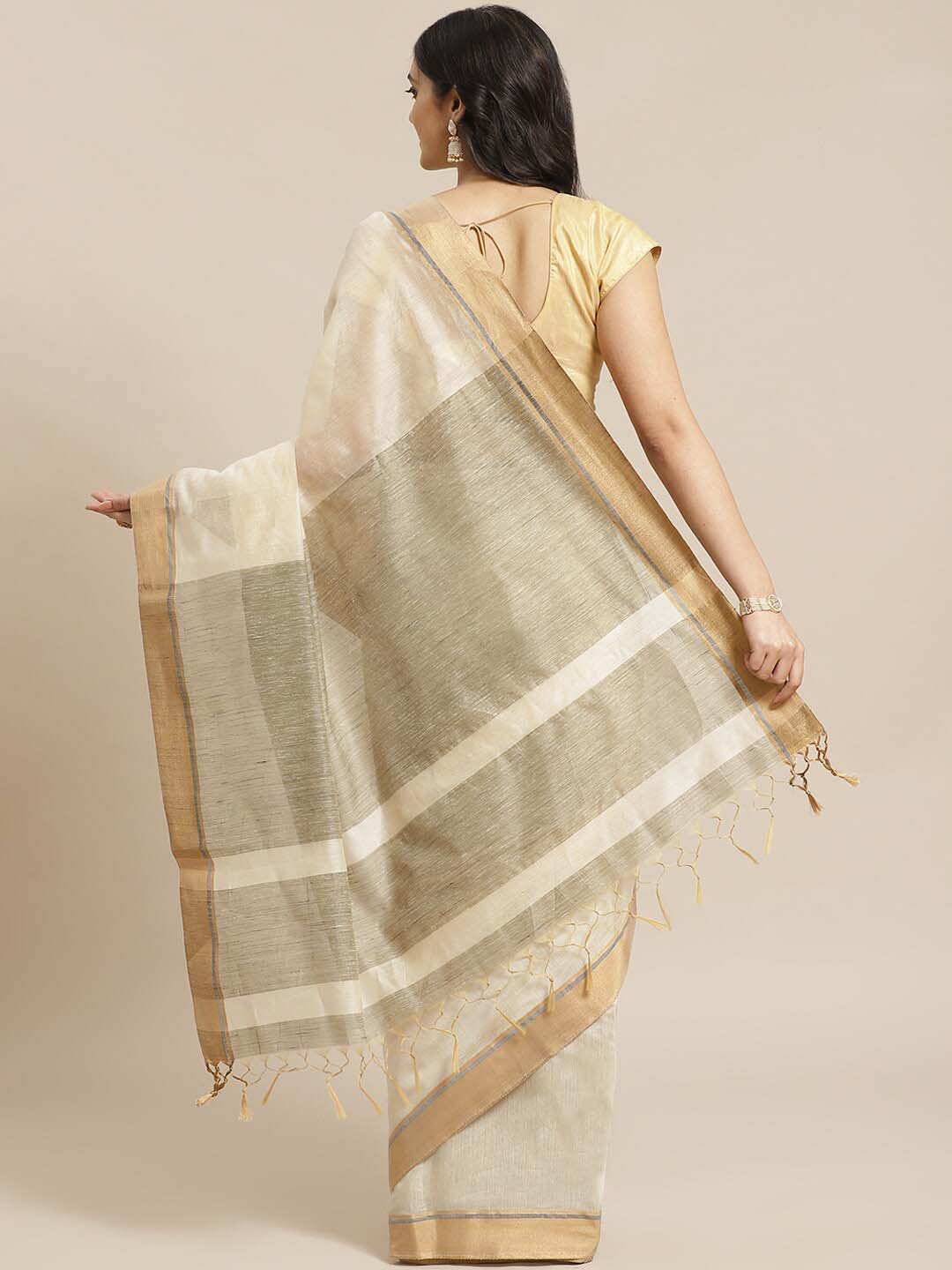 Indethnic Banarasi Cream Solid Work Wear Saree - View 2