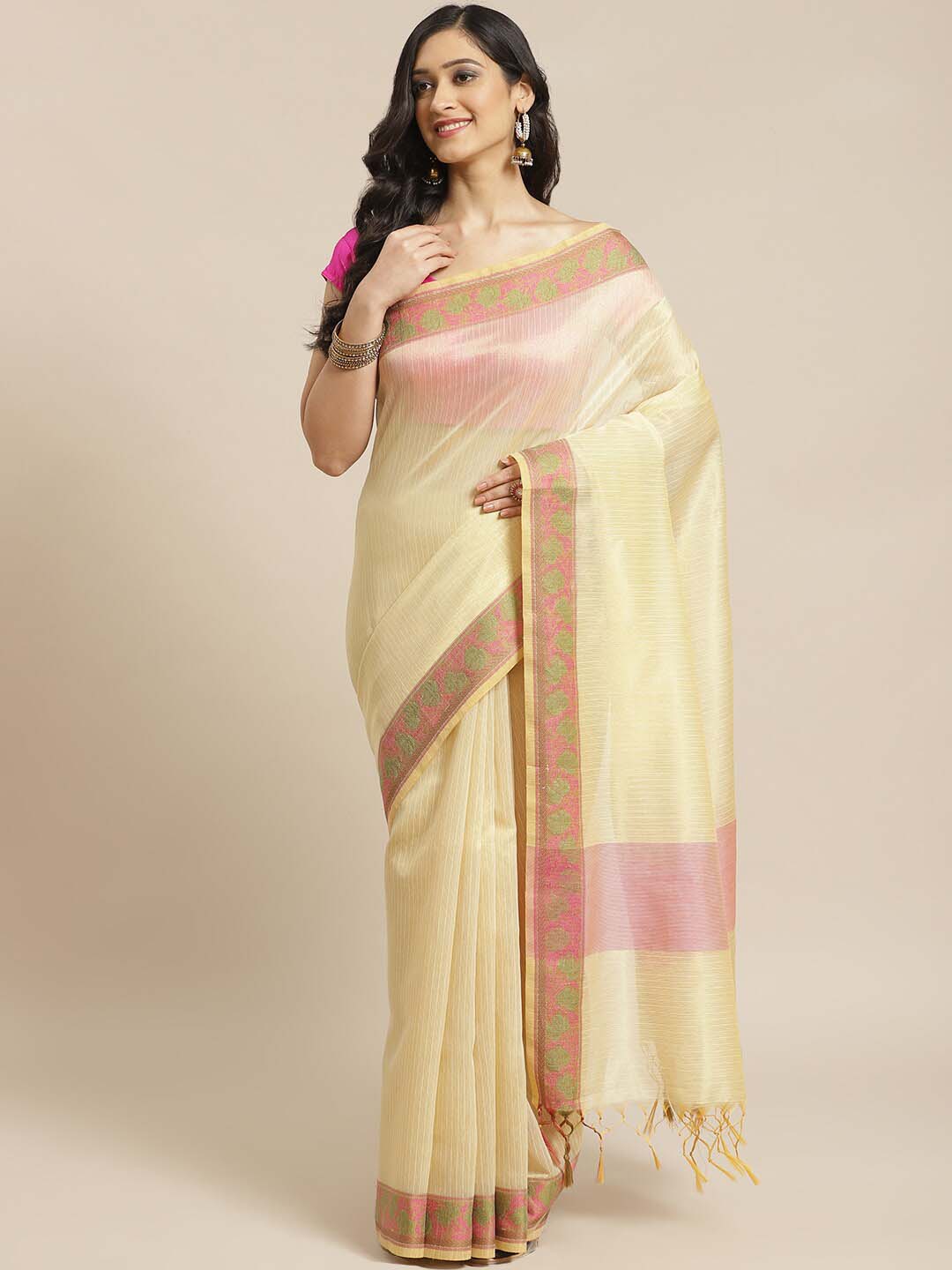 Indethnic Banarasi Cream Woven Design Work Wear Saree - View 1