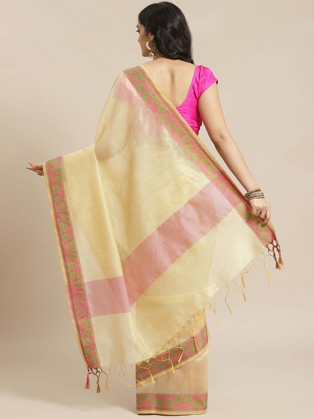 Indethnic Banarasi Cream Woven Design Work Wear Saree - View 3