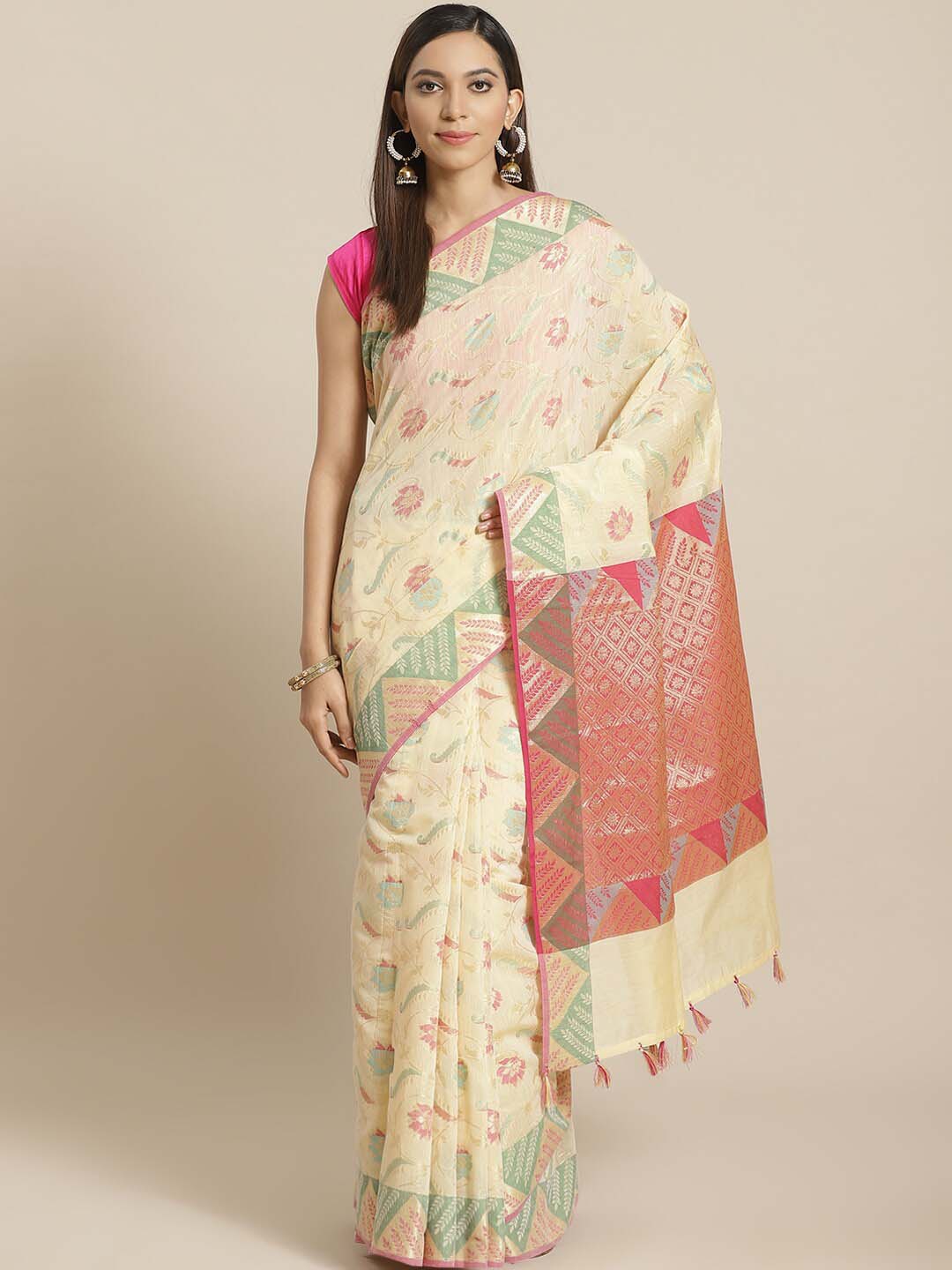 Indethnic Banarasi Cream Woven Design Festive Wear Saree - View 1