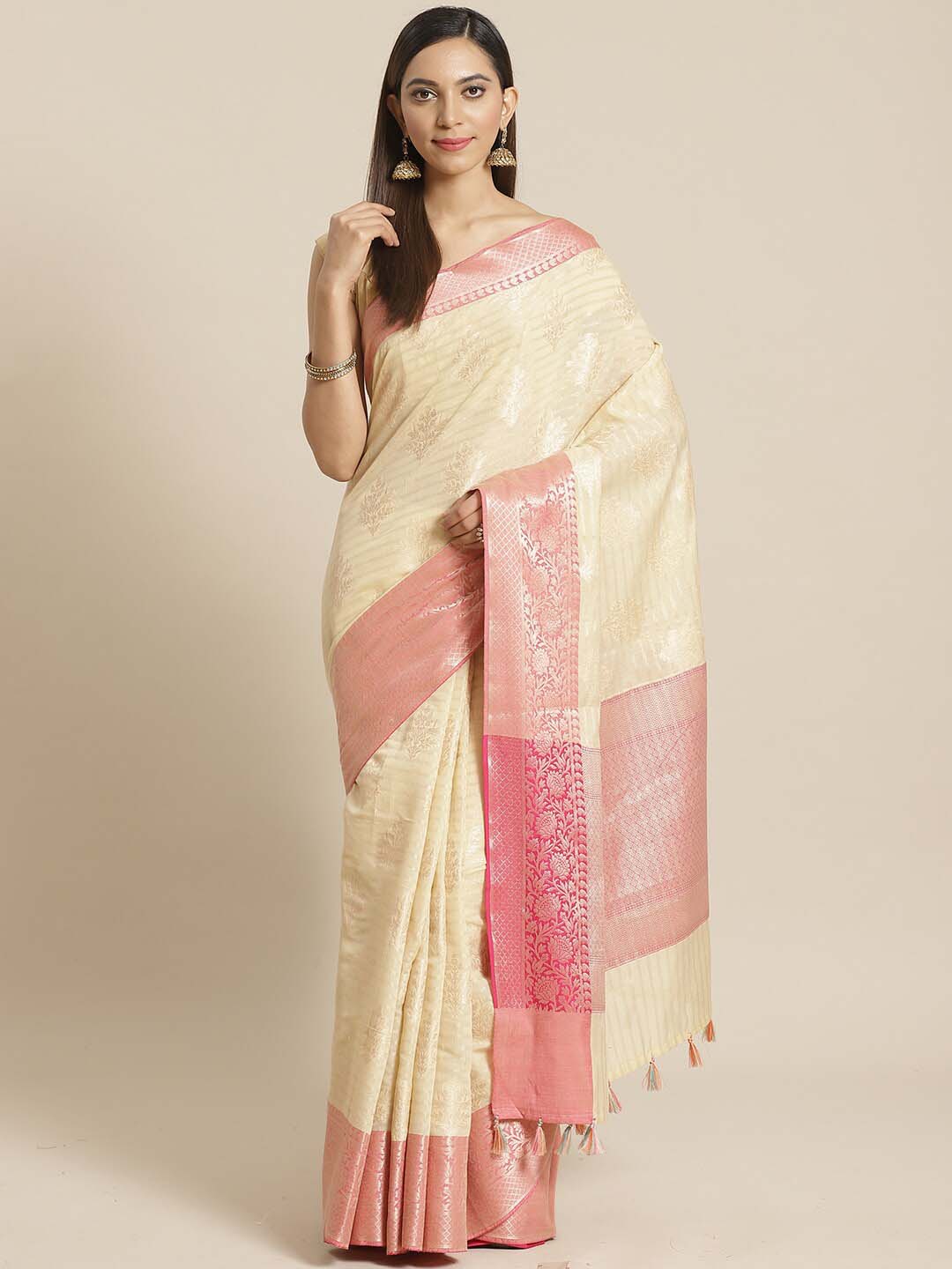 Indethnic Banarasi Cream Woven Design Work Wear Saree - View 1