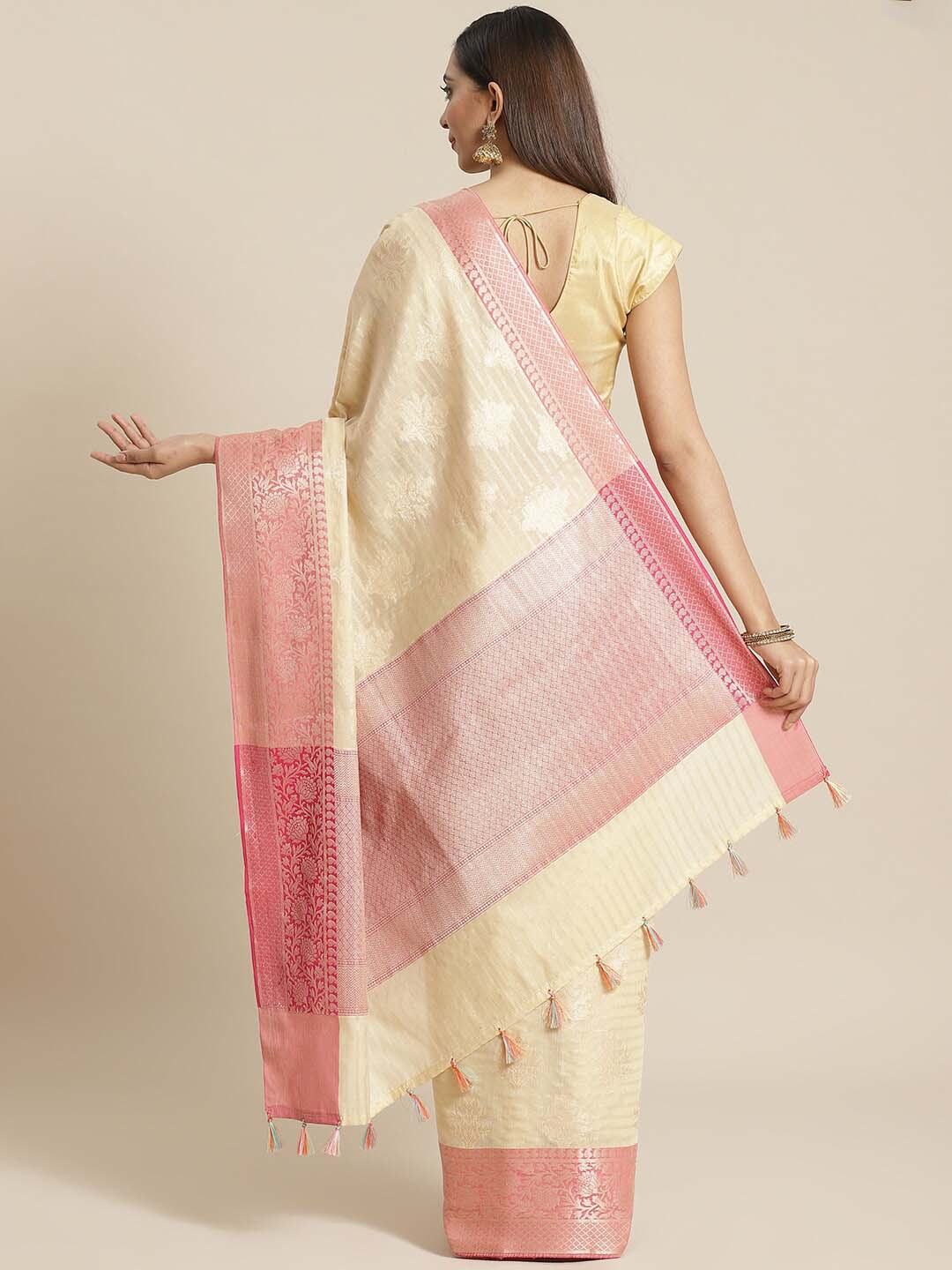 Indethnic Banarasi Cream Woven Design Work Wear Saree - View 3