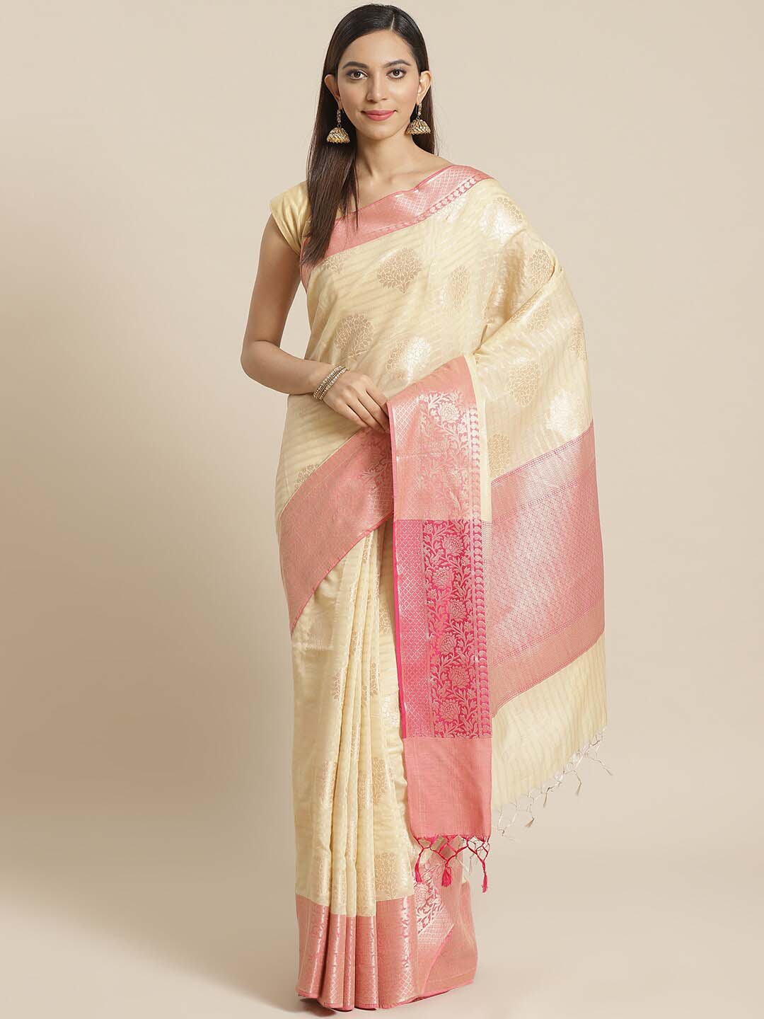 Indethnic Banarasi Cream Woven Design Work Wear Saree - View 1