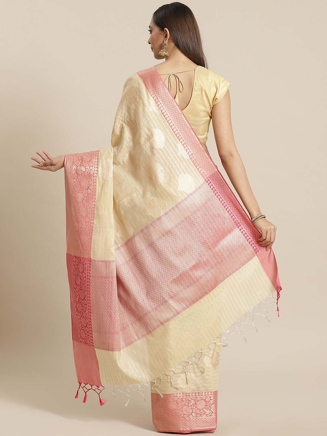 Indethnic Banarasi Cream Woven Design Work Wear Saree - View 3