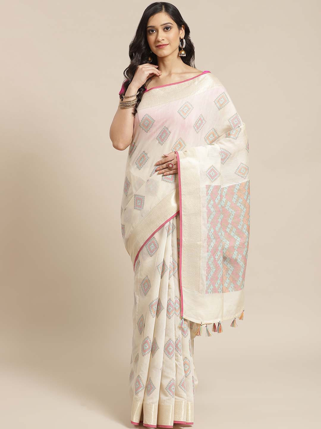 Indethnic Banarasi Cream Woven Design Work Wear Saree - View 1