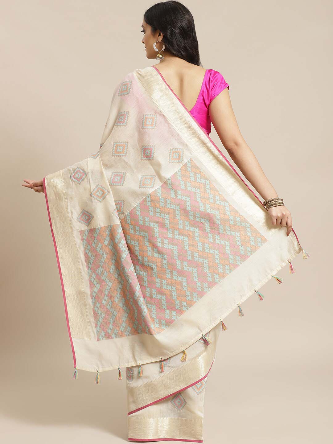 Indethnic Banarasi Cream Woven Design Work Wear Saree - View 2