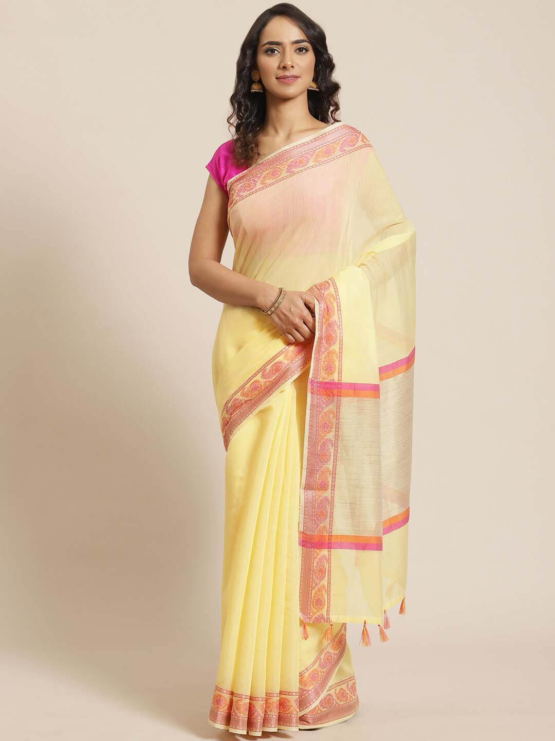 Indethnic Banarasi Gold Solid Daily Wear Saree - View 1