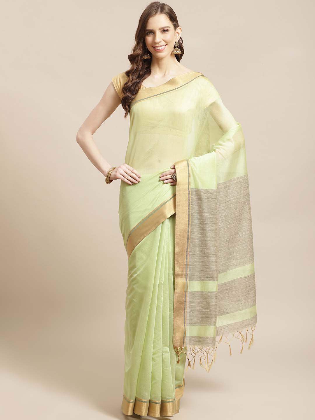 Indethnic Banarasi Green Solid Work Wear Saree - View 1