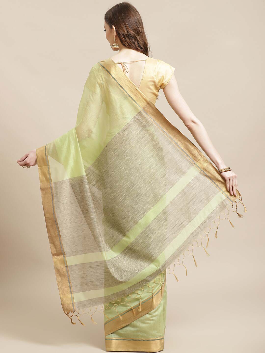 Indethnic Banarasi Green Solid Work Wear Saree - View 2