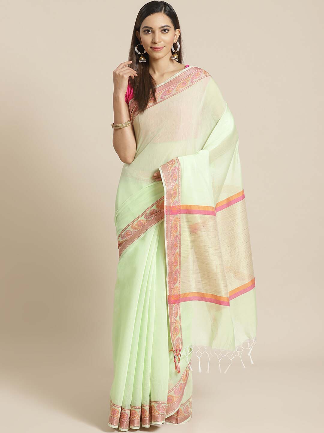 Indethnic Banarasi Green Solid Daily Wear Saree - View 1