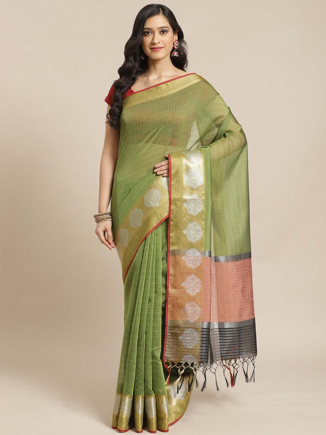 Indethnic Banarasi Green Checked Work Wear Saree - View 1