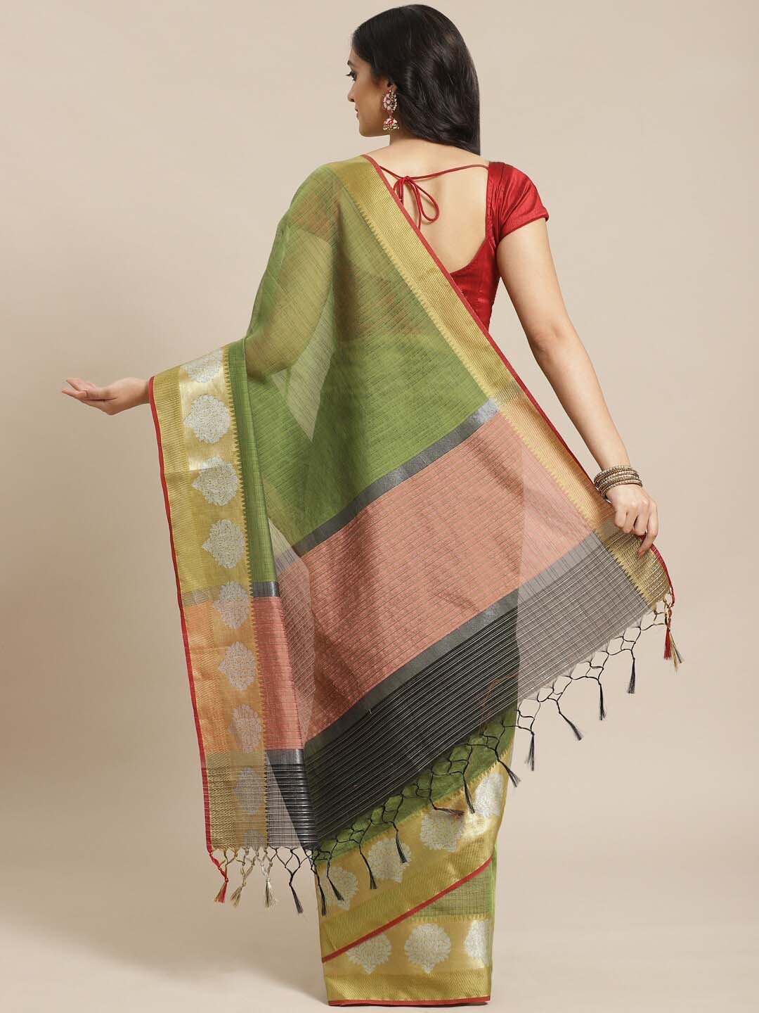 Indethnic Banarasi Green Checked Work Wear Saree - View 2