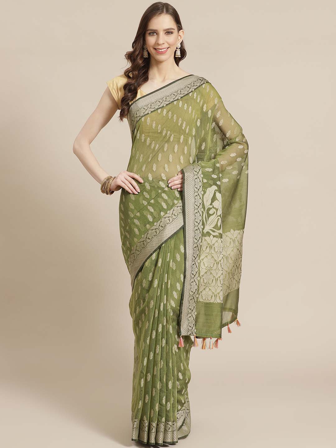 Indethnic Banarasi Green Woven Design Work Wear Saree - View 1