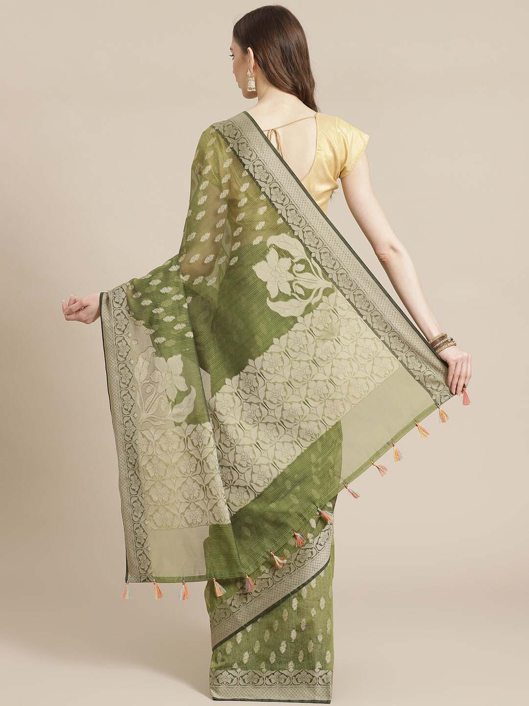 Indethnic Banarasi Green Woven Design Work Wear Saree - View 2