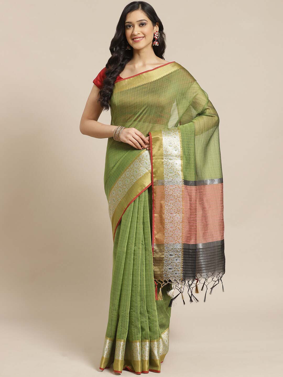 Indethnic Banarasi Green Woven Design Work Wear Saree - View 1