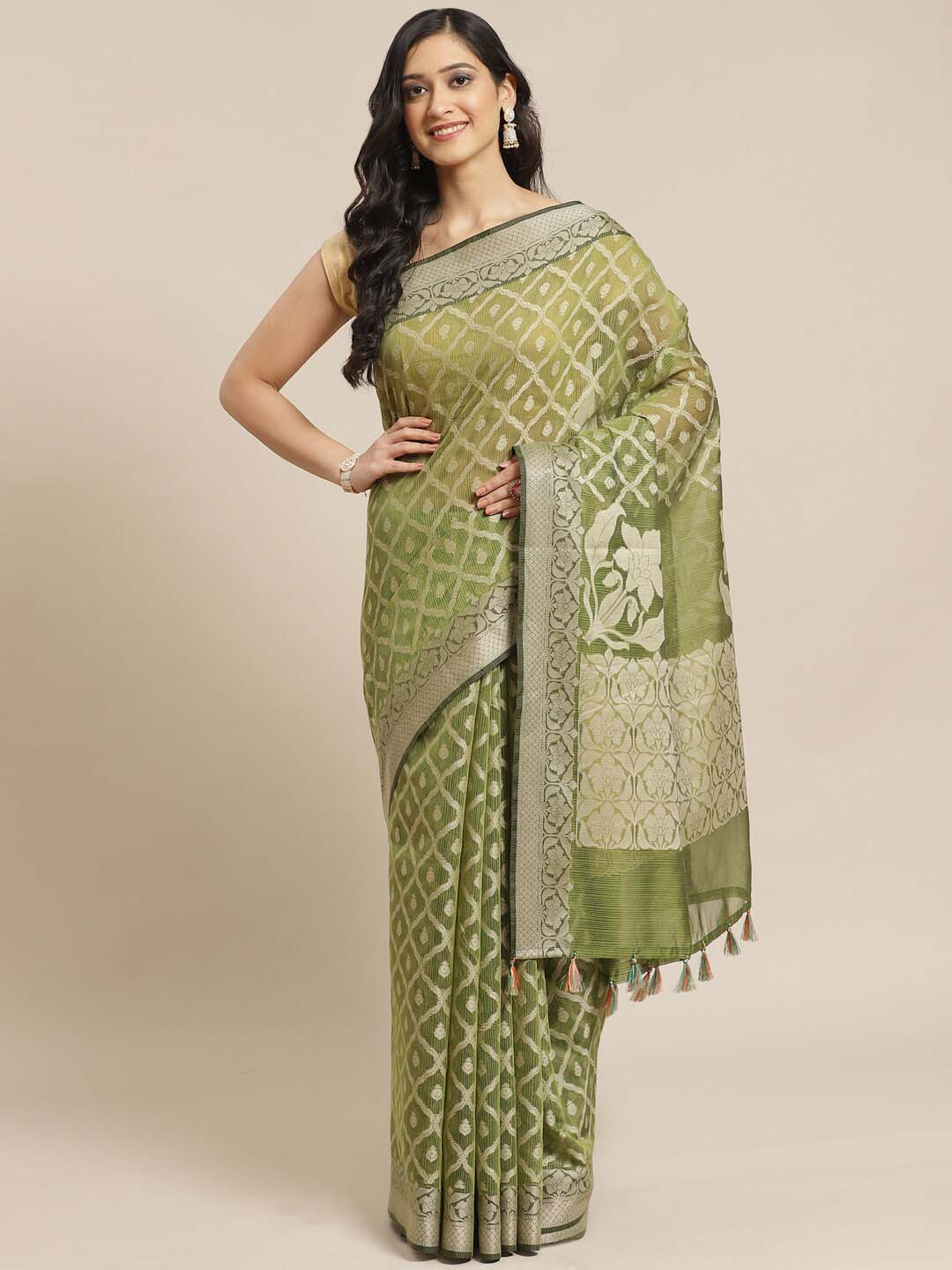 Indethnic Banarasi Green Woven Design Work Wear Saree - View 1