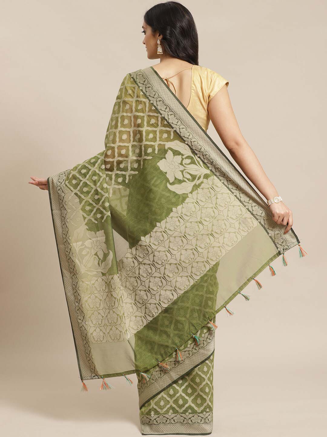 Indethnic Banarasi Green Woven Design Work Wear Saree - View 3
