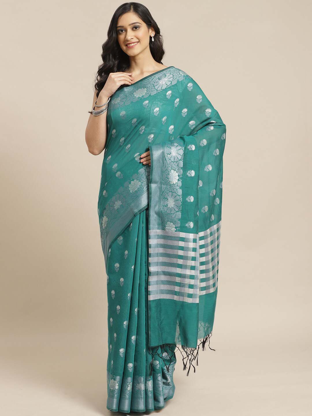 Indethnic Banarasi Green Checked Work Wear Saree - View 1