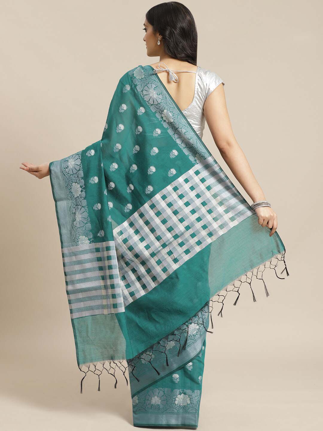 Indethnic Banarasi Green Checked Work Wear Saree - View 3