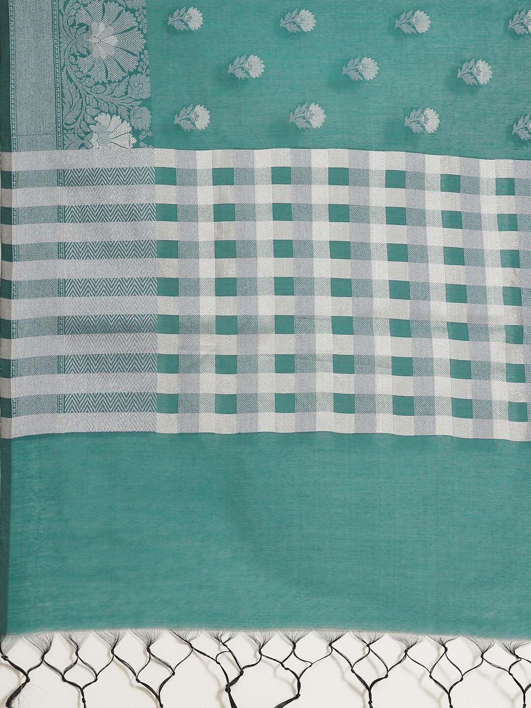 Indethnic Banarasi Green Checked Work Wear Saree - Saree Detail View