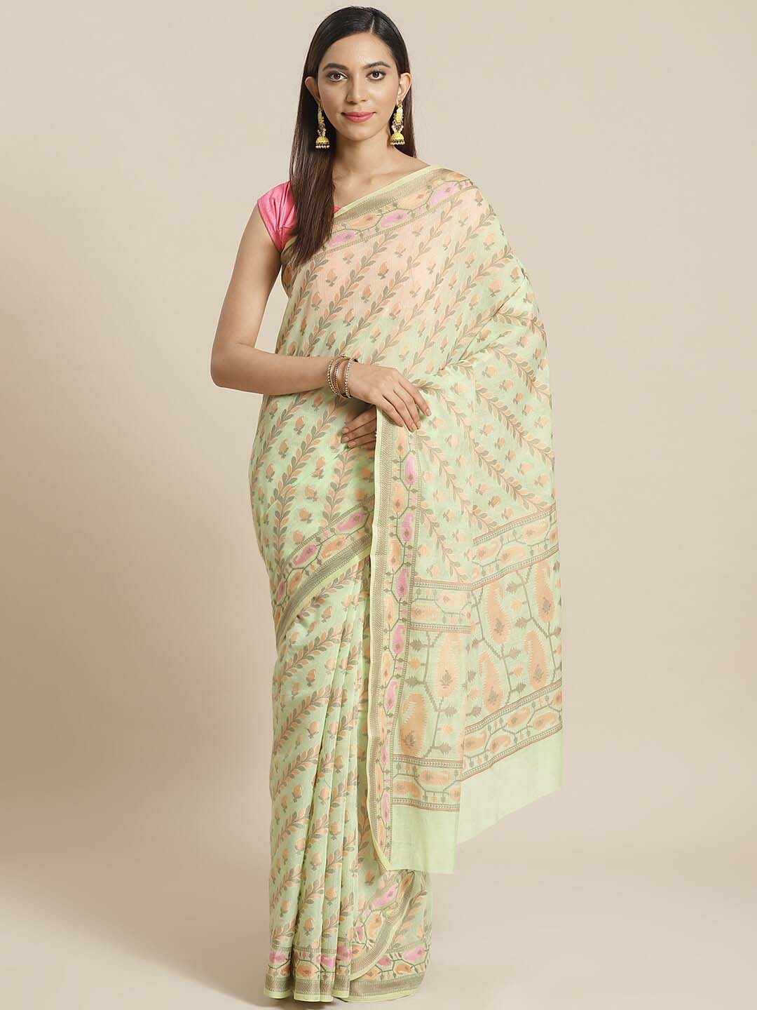 Indethnic Banarasi Green Woven Design Work Wear Saree - View 1