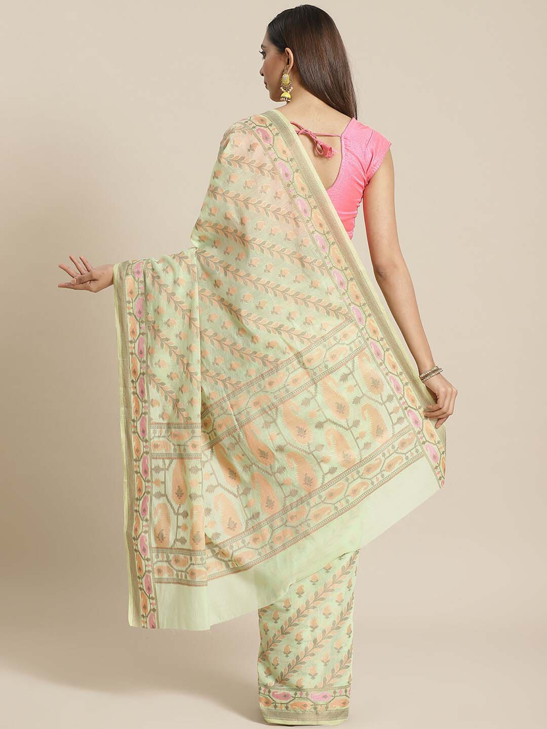 Indethnic Banarasi Green Woven Design Work Wear Saree - View 3