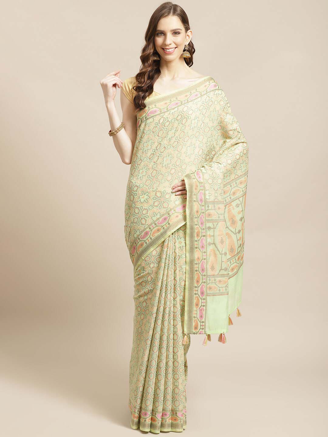 Indethnic Banarasi Green Woven Design Work Wear Saree - View 1