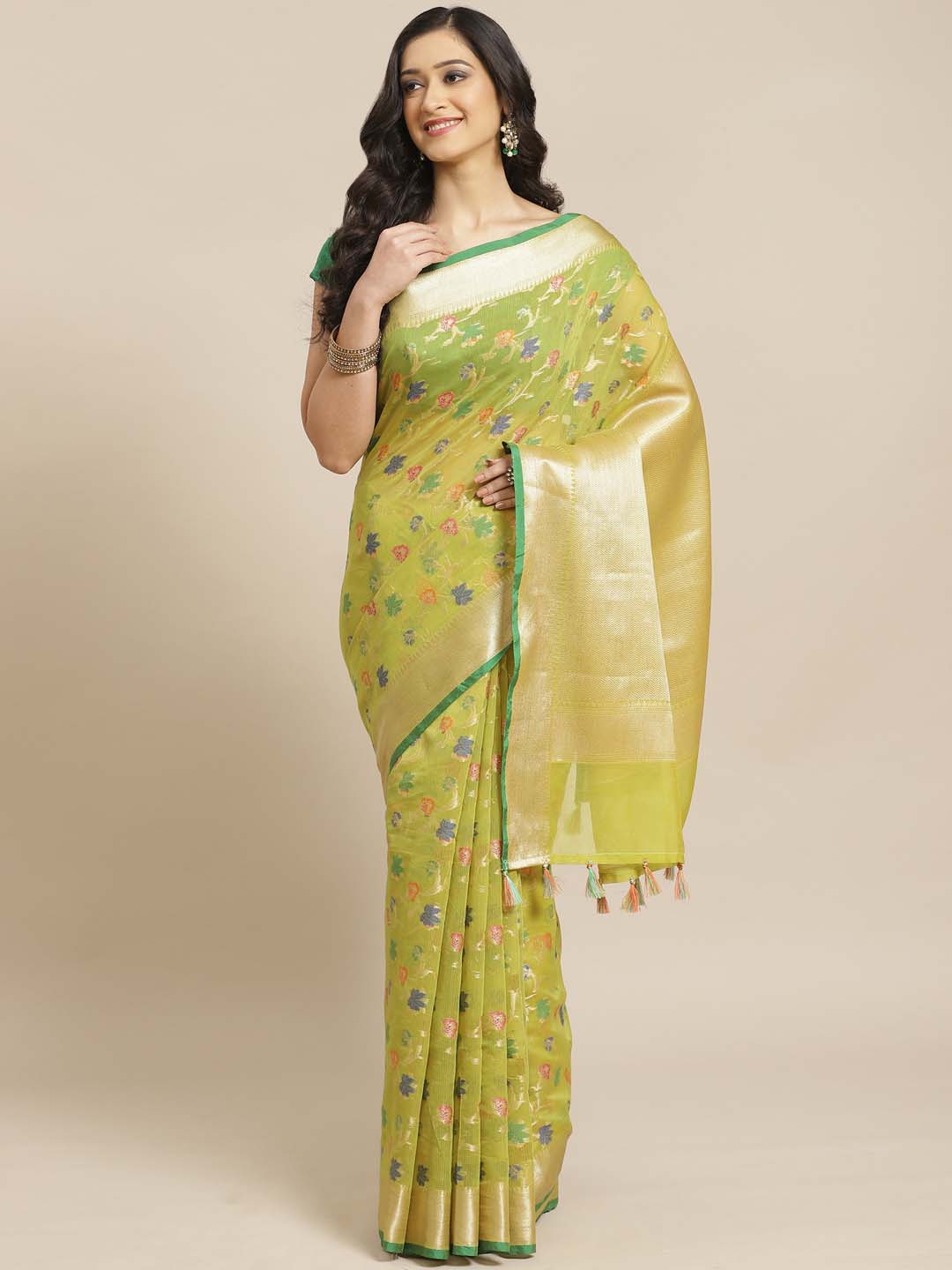 Indethnic Banarasi Green Woven Design Daily Wear Saree - View 1