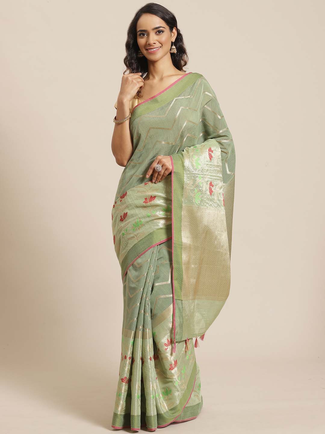 Indethnic Banarasi Green Woven Design Party Wear Saree - View 1