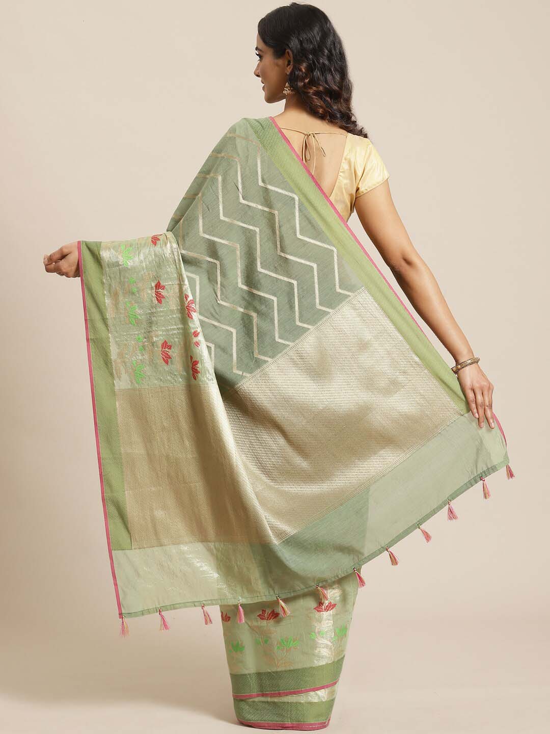 Indethnic Banarasi Green Woven Design Party Wear Saree - View 2