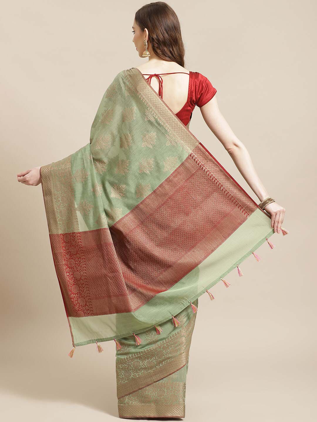 Indethnic Banarasi Green Woven Design Party Wear Saree - View 1