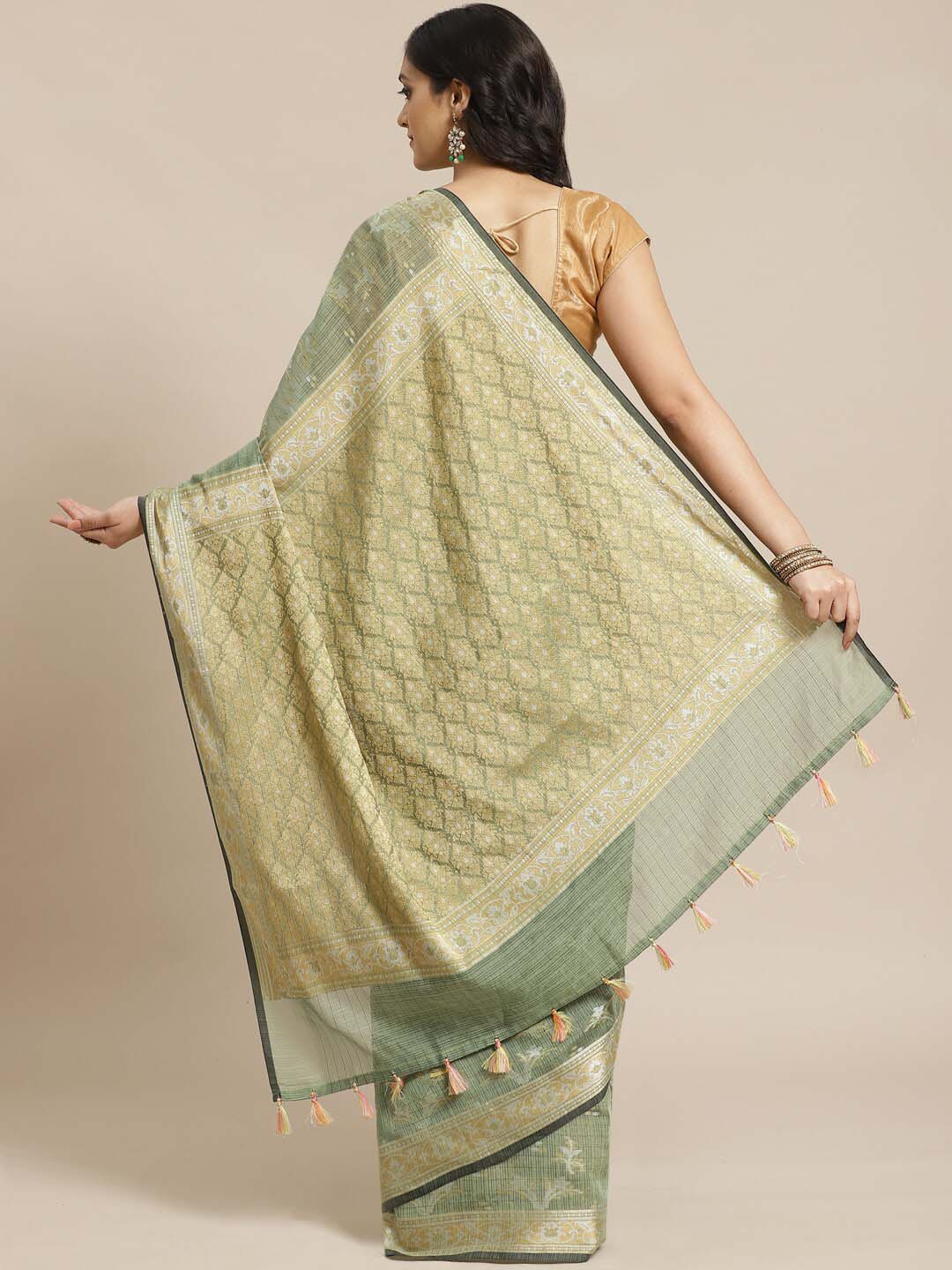 Indethnic Banarasi Green Woven Design Traditional Wear Saree - View 3