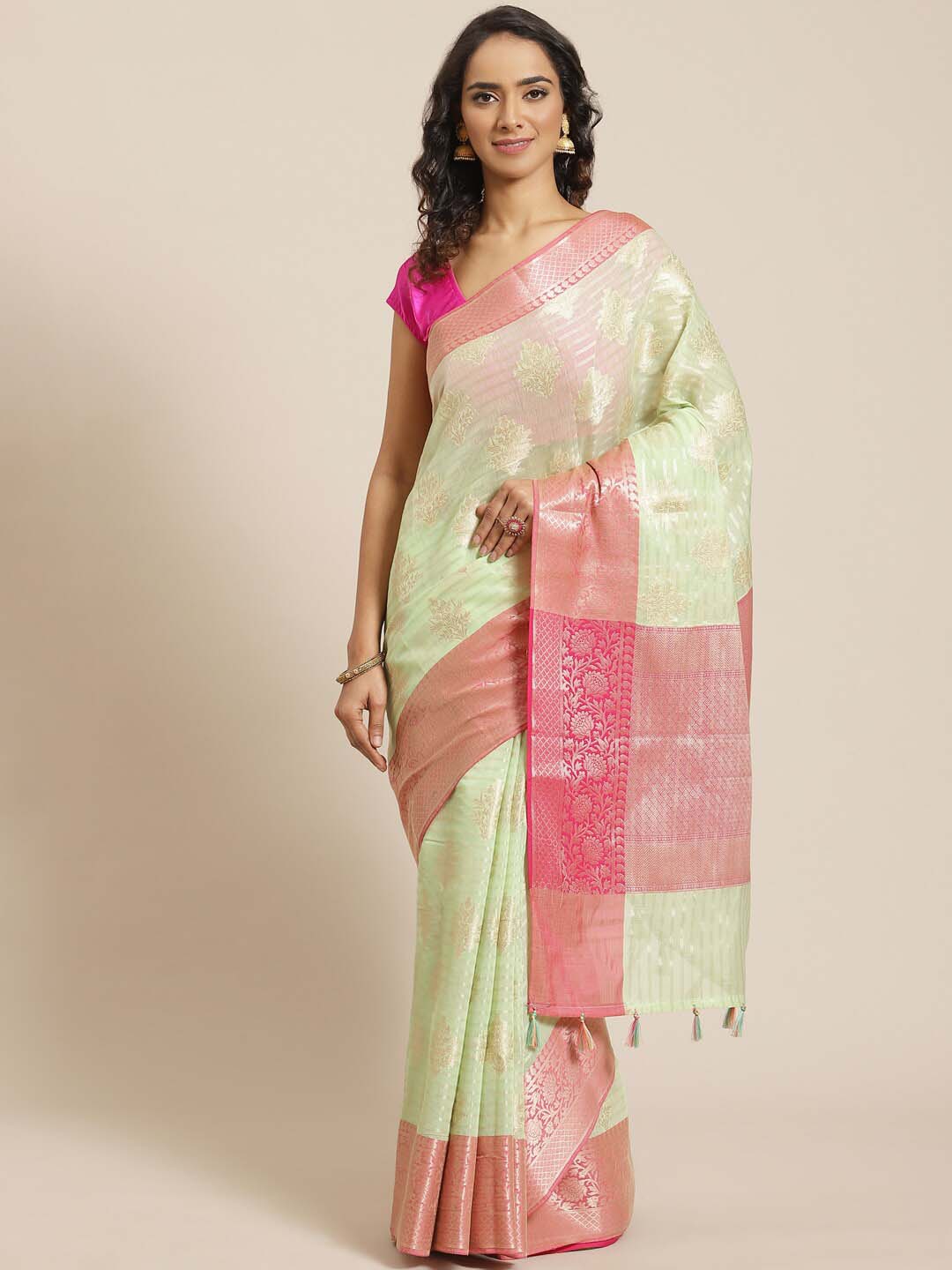 Indethnic Banarasi Green Woven Design Work Wear Saree - View 1