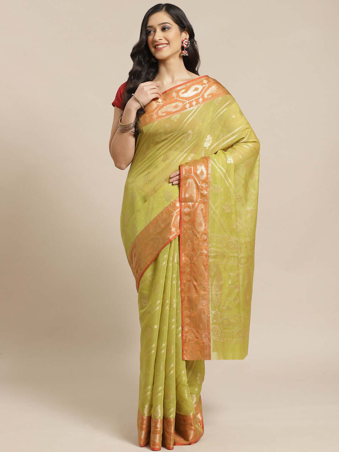 Indethnic Banarasi Green Woven Design Daily Wear Saree - View 1