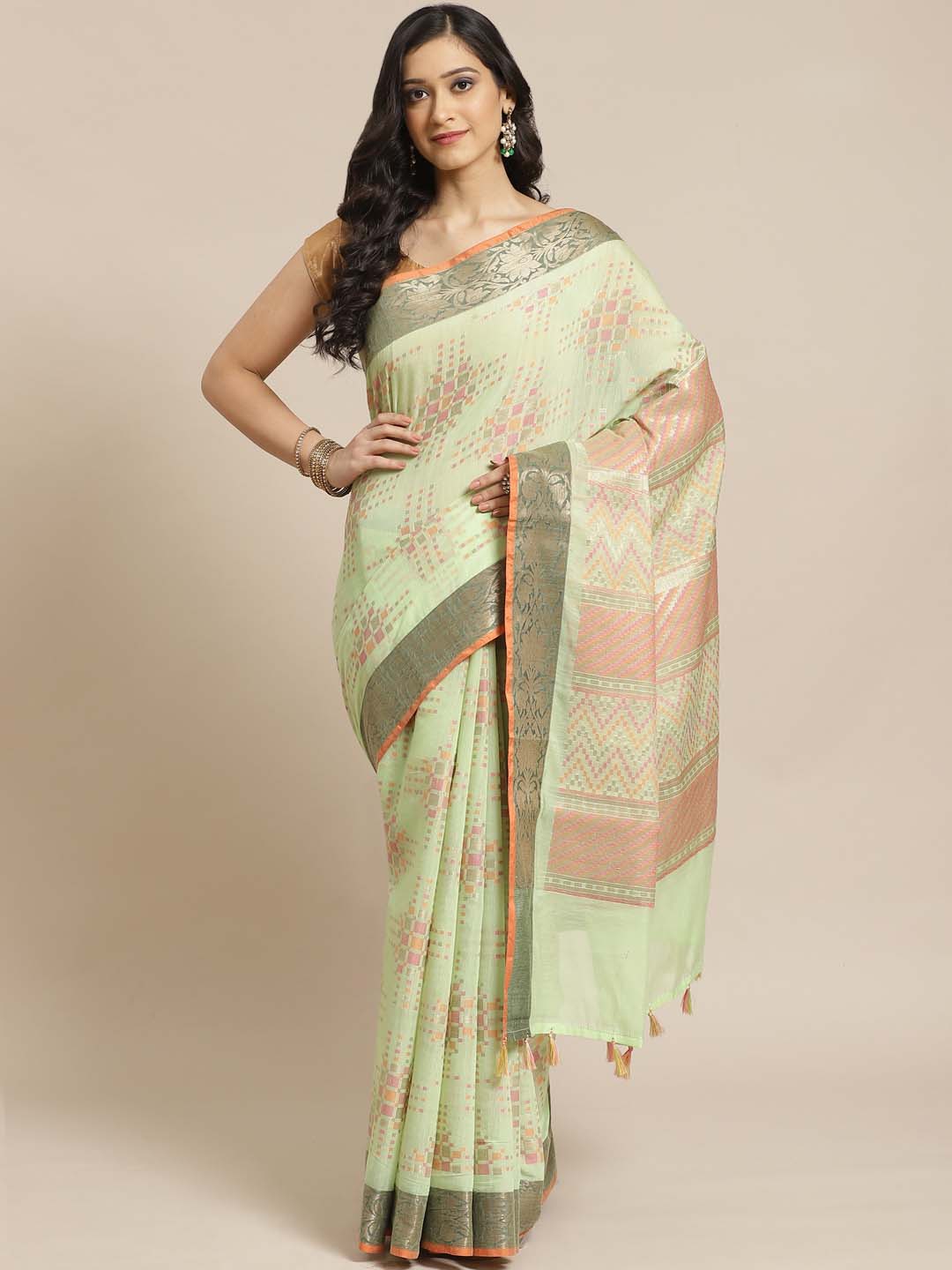 Indethnic Banarasi Green Woven Design Daily Wear Saree - View 1