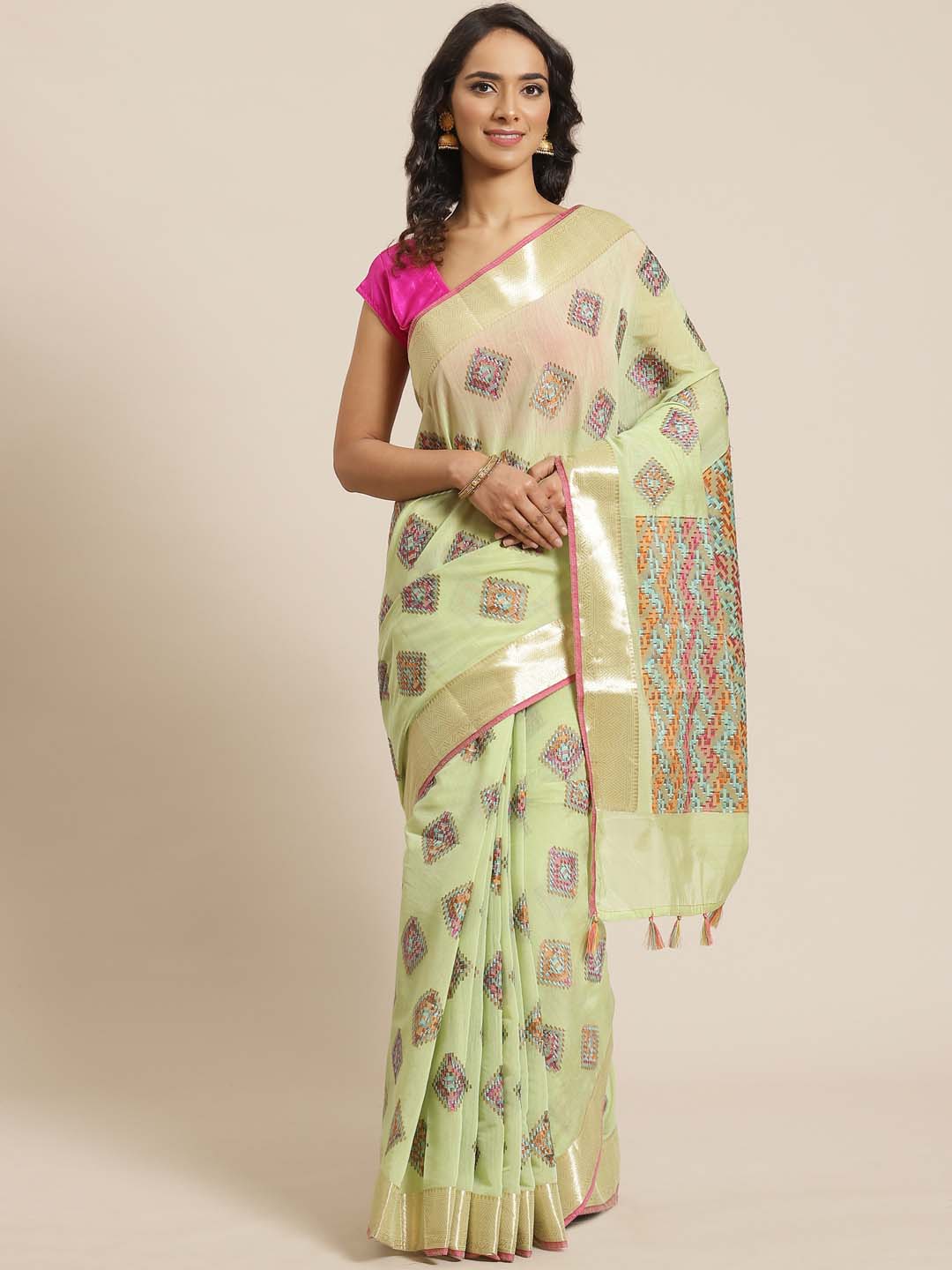 Indethnic Banarasi Green Woven Design Work Wear Saree - View 1