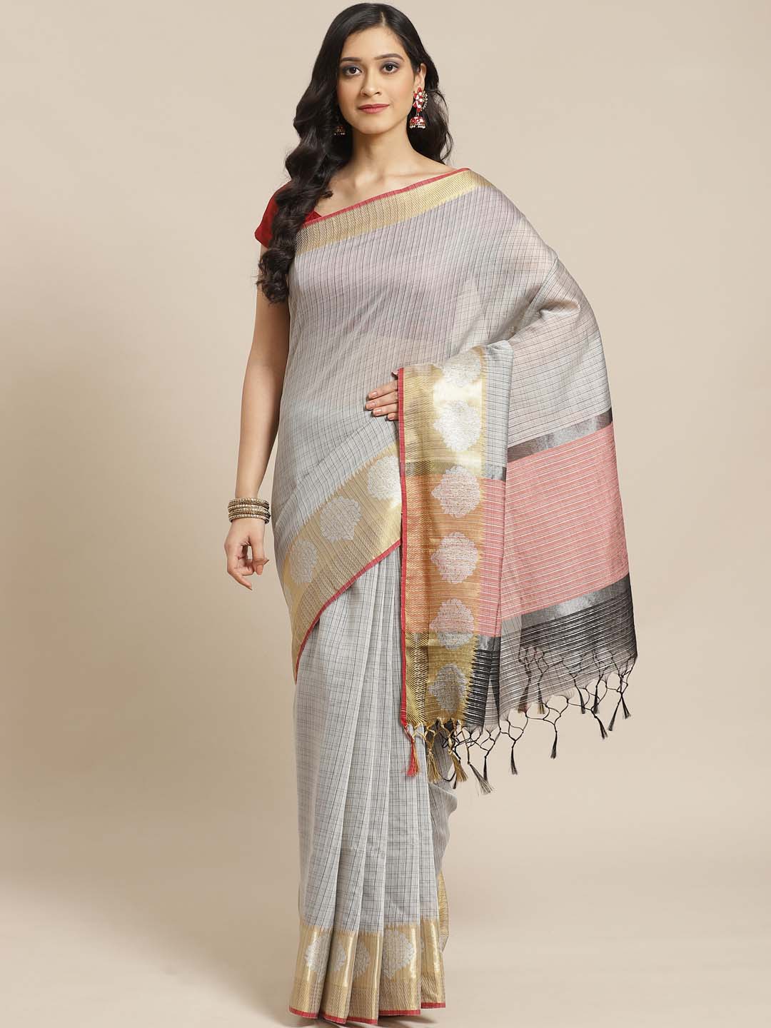 Indethnic Banarasi Grey Checked Work Wear Saree - View 1