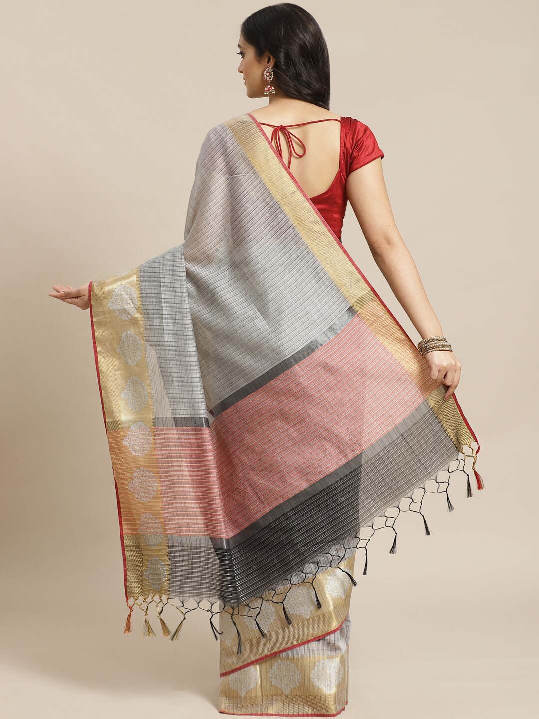 Indethnic Banarasi Grey Checked Work Wear Saree - View 2