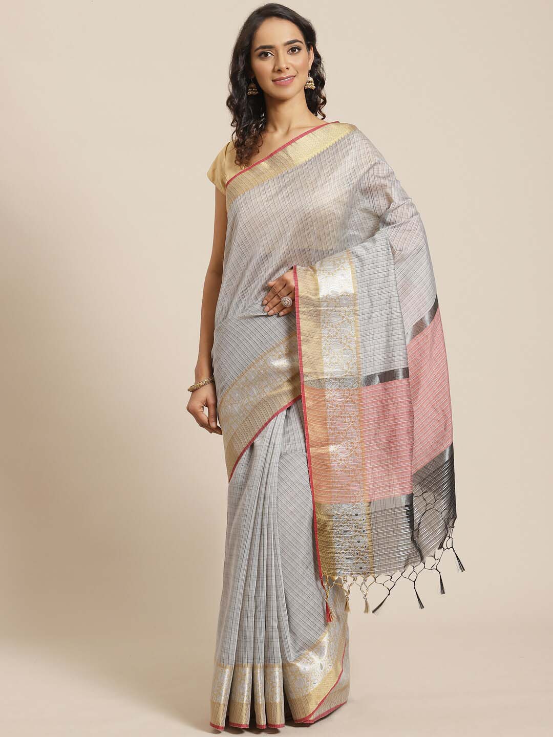 Indethnic Banarasi Grey Woven Design Work Wear Saree - View 1