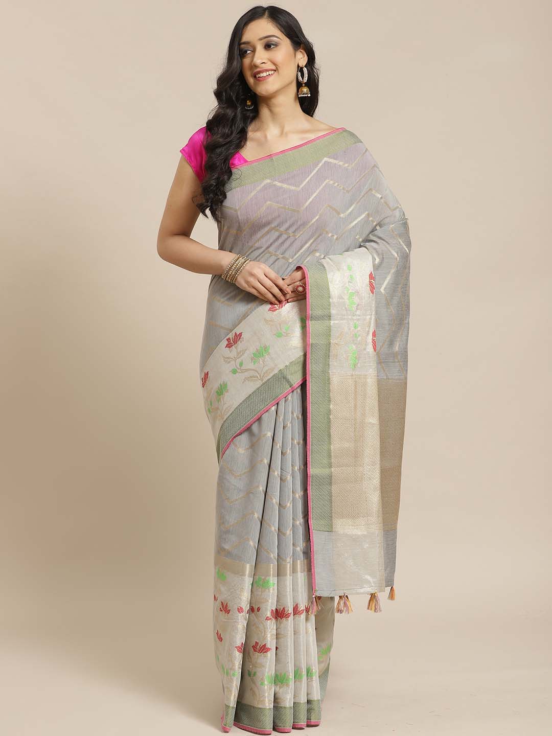 Indethnic Banarasi Grey Woven Design Party Wear Saree - View 1